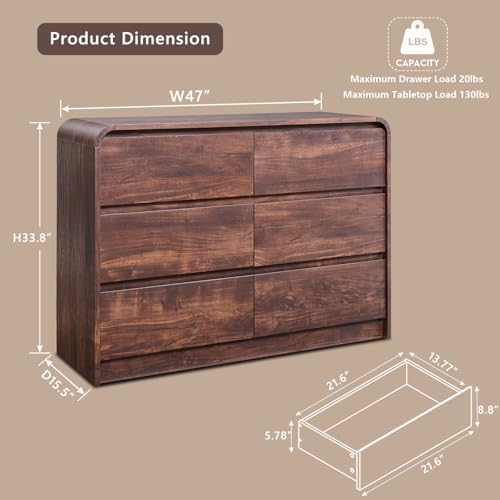 Aitjunz Modern 6 Drawers Dresser for Bedroom, 47" Wide Wood Dressers, Brown - Image 2