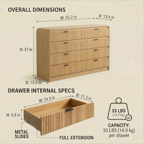 FURSUN Fluted 8 Drawers Dresser for Bedroom, 55" Wide Wooden Dresser with Metal Handle, Curved Profile Design, Modern Storage Organizer for Bedroom, Living Room, Hallway, Natural Oak - Image 2