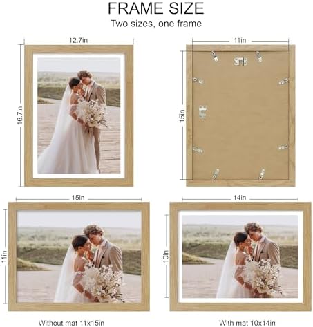 Hongkee 11x15 Picture Frame Set of 4, Made of Real Glass and Natural Oak Frame - Display Picture 10x14 with Mat or 11x15 Without Mat, 11 by 15 Photo for Wall Mounting - Image 2