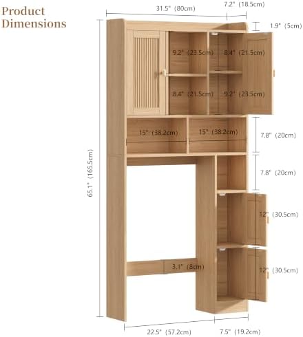 Keehusux Fluted Over The Toilet Storage Cabinet with 4 Doors, Natural Oak - Image 2