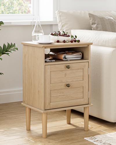 Nightstand, Boho Night Stand with 1 Drawer, Modern Side Accent Table with Open Shelf, Wooden Top Bedside End Table for Bedroom, Living Room, Natural - Image 5