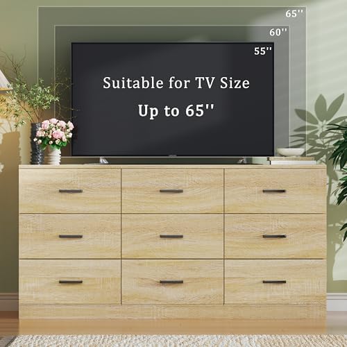 HUAHUU 9 Drawer Dresser for Bedroom, 60'' Long Mid Century Modern Dressers TV Stand, Wood Vintage Chests of Drawers, Large Storage Organizer for Bedroom, Closet, Entryway, Natural Oak - Image 5