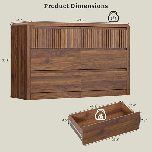LYNSOM Walnut Fluted 6 Drawer Dresser for Bedroom, Curved Edge, 50" Wide - Image 2