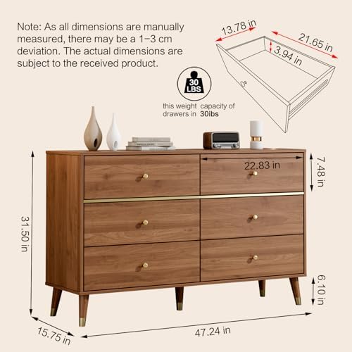 Chrangmay 6 Drawer Dresser,47" Wide Mid Century Chest of Drawers,Wooden Bedroom Drawer Dresser with 6 Storage Drawers for Bedroom,Living Room,with Anti-Tipping Device,Walnut.HT - Image 2