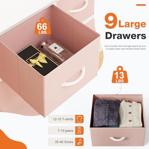 Sweetcrispy 9 Drawer Fabric Dresser Storage Tower Drawer Organizer, Pink - Image 5
