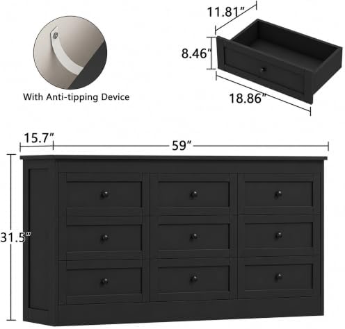 wanan Black 9 Drawer Dresser for Bedroom, Modern 59'' Wide Wood Chest of Drawers, Dresser TV Stand, Storage Organizer with Metal Handles for Living Room, Hallway, Entryway - Image 2