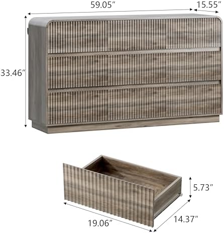 Wodeer Grey Dresser Fluted 9 Drawers Dresser for Bedroom, 59" Wide Wood Chest of Drawers with Hidden Handles & Rounded Corners, Modern TV Stand Storage Cabinet for Living Room, Hallway, Entryway, Gray - Image 2