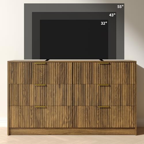 Walnut Dresser with 6 Drawer 55" Wide Fluted Dresser for Bedroom丨Modern Chest of Drawer with Metal Handles, Wood TV Stand for Bedroom, Living Room, Entryway, Hallway, Walnut - Image 6