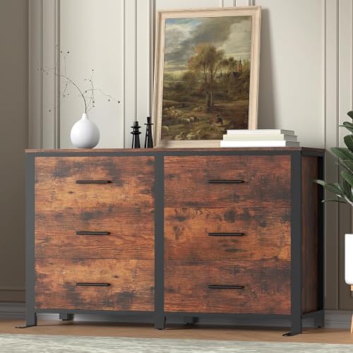 Rustic Brown Dresser for Bedroom, Wide Wood Dressers Furniture with 6 Wooden Drawer and Metal Frame, TV Stand with Deep Drawer (Rustic Brown) by Frombepts