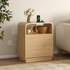BORNOON Dresser with 2 Drawers and Charging Station, Fluted Bedside Table with Round Curved Corner, Hidden Handles, 2 AC Outlets and 2 USB Ports, Modern Wood End Table with Open Shelf for Bedroom - Image 5