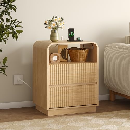BORNOON Dresser with 2 Drawers and Charging Station, Fluted Bedside Table with Round Curved Corner, Hidden Handles, 2 AC Outlets and 2 USB Ports, Modern Wood End Table with Open Shelf for Bedroom - Image 5