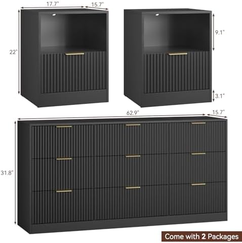3-Piece 9 Drawer Dresser and 1-Drawer Nightstand Set, Black丨63 Wide Fluted Bedroom Dresser Set Night Stand Set of 2, Modern Wood Chest of Drawers Storage Dressers Set for Bedroom - Image 3