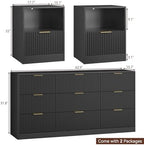 3-Piece 9 Drawer Dresser and 1-Drawer Nightstand Set, Black丨63 Wide Fluted Bedroom Dresser Set Night Stand Set of 2, Modern Wood Chest of Drawers Storage Dressers Set for Bedroom - Image 3