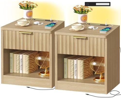 TEENFON Fluted Nightstands Set of 2, Bed Side Table with Charging Station and LED Light, Night Stand with Storage Drawer and Open Shelf, End Table for Small Space, Bedroom, Natural by TEENFON