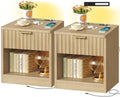 TEENFON Fluted Nightstands Set of 2, Bed Side Table with Charging Station and LED Light, Night Stand with Storage Drawer and Open Shelf, End Table for Small Space, Bedroom, Natural by TEENFON