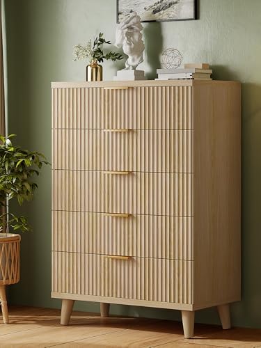 Wood Tall 5 Drawers Dresser, 27.6" W Fluted Modern Dressers for Bedroom by Lulive