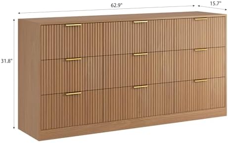 9 Drawer Fluted Dresser for Bedroom with Deep Drawers, Light Walnut丨63 Wide Wood Dresser, Large Chest of Drawers, Modern Long TV Stand, Storage Cabinet Side Table for Living Room, Hallway - Image 2