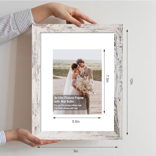 Hongkee 9x12 Picture Frame Set of 4, Made of Glass and Distressed White Wooden Frame - Display Picture 6x8 with Mat or 9 x 12 Without Mat, 9 by 12 Photo for Wall or Tabletop - Image 2