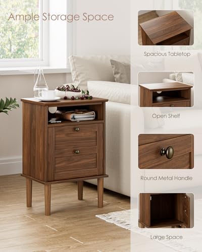 Nightstand, Boho Night Stand with 1 Drawer, Modern Side Accent Table with Open Shelf, Wooden Top Bedside End Table for Bedroom, Living Room, Walnut - Image 6