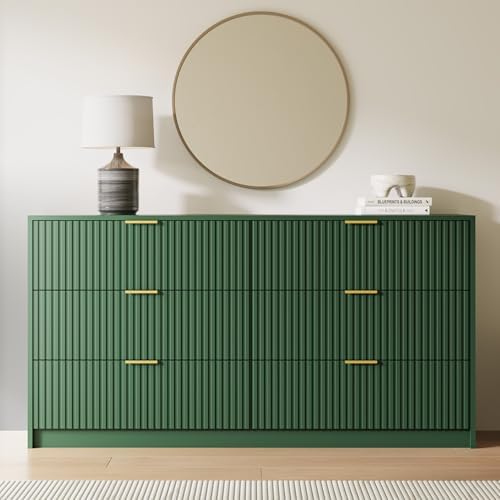 MAISONARIA Green 6 Drawer Dresser for Bedroom, 55" Wide Modern Chest of Drawers with Gold Metal Handles, Fluted Wood TV Stand for Living Room, Hallway - Image 5