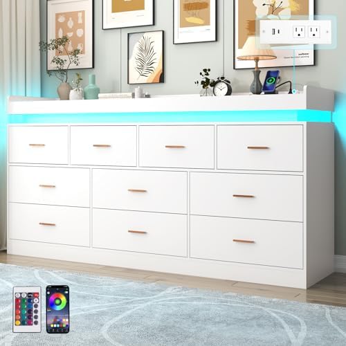 Hlivelood 10 Drawer Dresser with LED Light and Charging Station, Modern Chest of Drawers for Closet, Wide Drawer Organizer Cabinet for, Living Room, Entryway, Hallway, White by Hlivelood