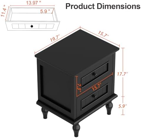 Black Nightstand Set of 2, Vintage Bedside Tables with Drawers for Bedroom - Image 3