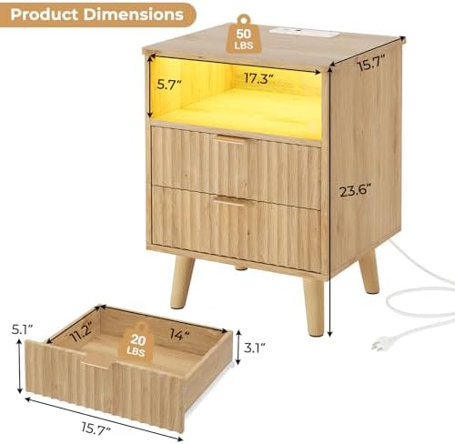 VIAGDO Fluted Nightstand Set of 2 with Charging Station and LED Lights, Modern Night Stand Set 2 with Drawers and Open Storage Cabinet, Bed Side Tables with Gold Metal Handle for Bedroom, Natural Oak - Image 2
