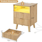 VIAGDO Fluted Nightstand Set of 2 with Charging Station and LED Lights, Modern Night Stand Set 2 with Drawers and Open Storage Cabinet, Bed Side Tables with Gold Metal Handle for Bedroom, Natural Oak - Image 2