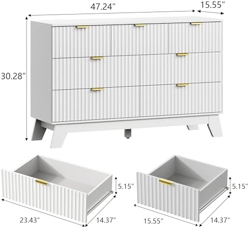 Wodeer 7 Drawer Fluted Dresser for Bedroom, Mid Century Modern Dresser with 7 Drawers, Dressers & Chests of Drawers with Metal Handle, TV Stand & Storage Organizer for Entryway, Hallway, White - Image 2