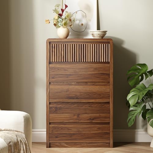 LYNSOM Walnut Fluted 5 Drawer Dresser for Bedroom, Curved Edge, 48" Tall - Image 3