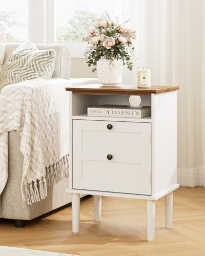 Nightstand, Boho Night Stand with 1 Drawer, Modern Side Accent Table with Open Shelf, Wooden Top Bedside End Table for Bedroom, Living Room, White - Image 4