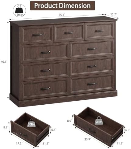 Farmhouse 9 Drawer Dresser for Bedroom, 55" Brown Dresser with TV Stand - Image 2