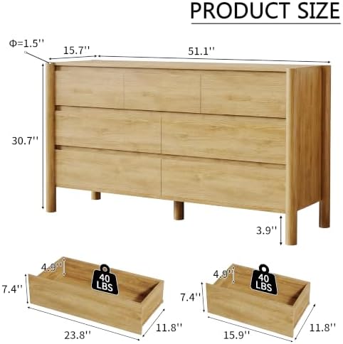 HOUROM Oak Dresser for Bedroom,51" Wide 7 Drawer Mid Century Modern Chest - Image 2