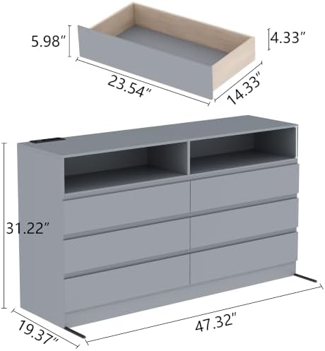 Gyfimoie Grey 6-Drawer Dresser for Bedroom w/Power Outlet and LED Light - Image 2