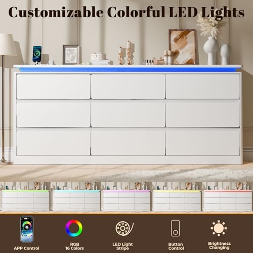 9 Drawer Dresser for Bedroom, 63" Long White Chest of Drawers w/LED Lights - Image 4