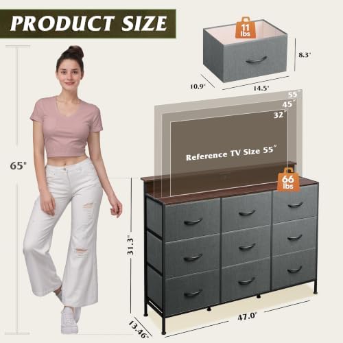 WLIVE Bedroom Dresser TV Stand 9 Drawer, Fabric Chest LED Lights, Dark Grey - Image 3
