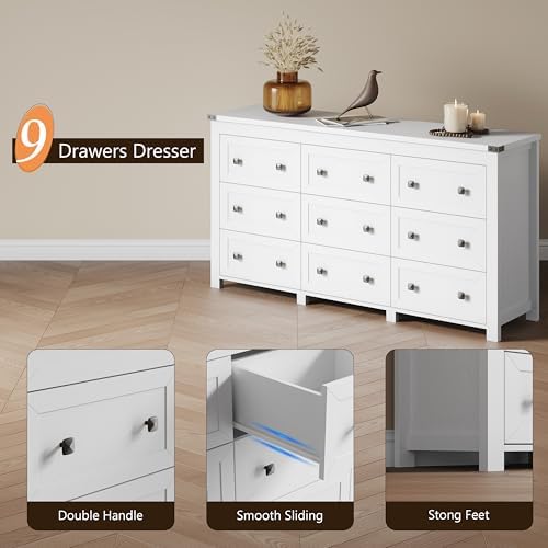 Xixini 59.1" Wide 9-Drawer Farmhouse Dresser for Bedroom, White - Image 5