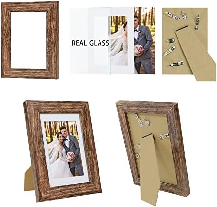 Hongkee 5x7 Picture Frame Set of 4, Made of Real Glass and Rustic Brown Wooden Frame, 5 by 7 Photo for Wall or Tabletop - Display Picture 4x6 with Mat or 5x7 Without Mat - Image 2