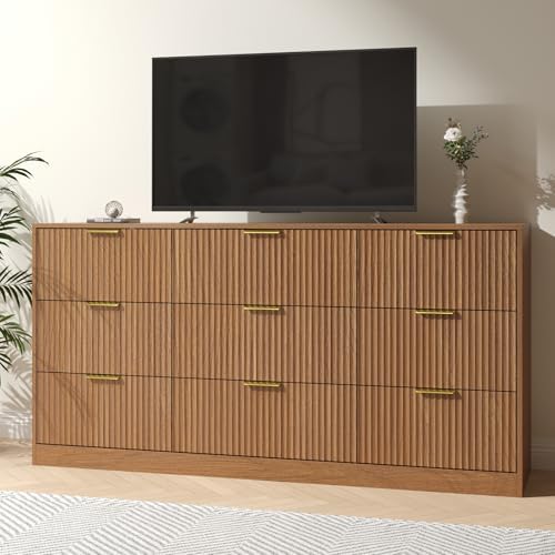 Natural Wood Dresser with 9 Drawer 63" Wide Fluted Dresser for Bedroom丨Long Dresser Modern Chest of Drawers with Gold Handle, Wood TV Stand Storage Organizer for Bedroom, Living Room, Natural Wood - Image 3