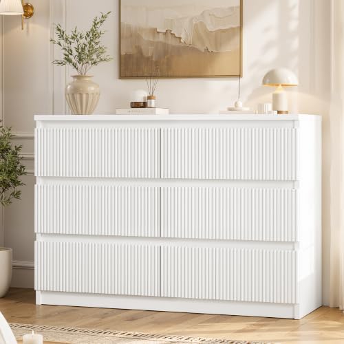Jocoevol 6 Drawer Fluted Dresser, Modern Chest of Drawers for Bedroom with Hidden Handles, Wood Storage Organizer Cabinet for Living Room & Entryway, White (15.7" D x 47.3" W x 31.6" H) by JOCOEVOL