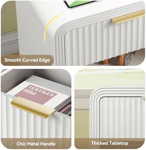 Decofy Fluted 1-Drawer Nightstand Set of 2 with Charging Station, White - Image 6