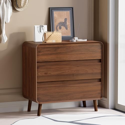Nasonet 3 Drawer Dressers for Bedroom, Mid Century Modern Chests of Drawers, Curved Dresser with Storage Drawer, Wooden Bedroom Furniture Drawer for Closet, Home Office, Walnut - Image 5