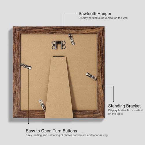Hongkee 8x8 Picture Frames Set of 4, Made of Glass and Rustic Brown Wooden Frame - Display Picture 6x6 with Mat or 8 x 8 Without Mat, 8 by 8 Photo for Wall or Tabletop - Image 3