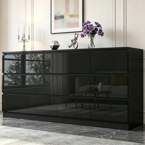 12 Drawers Dresser with Charging Station, Modern Large Dresser with 12 Handle Free Drawers, Wood Storage Chest of Drawers for Bedroom, Living Room, Entryway, Hallway, Black by DalyLuxa