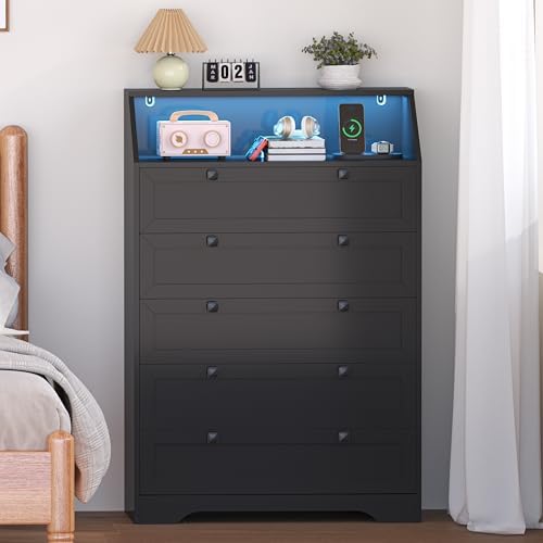 Black Dresser Tall 5 Drawer Dresser for Bedroom, Wood Chest of Drawers with LED Lights, Charging Station, Metal Handles, Modern Storage Cabinet and Organizer Drawers for Living Room, Hallway - Image 4