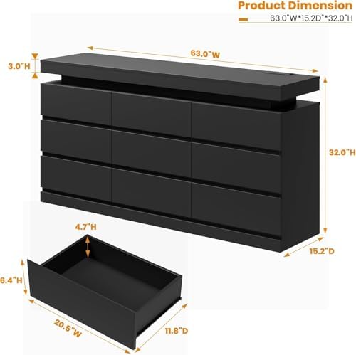 Garvee 9 Drawer Dresser for Bedroom - 63" Wide Chest of Drawers with LED Light and Charging Station, Large TV Stand Multi-Function Home Organizer for Living Room, Entryway, Hallway, Black - Image 2