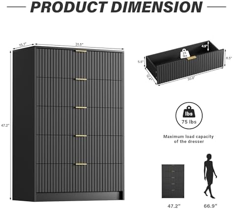 Furniway Black Dresser for Bedroom, Modern Dresser with 5 Drawers and Smooth Slides, Wide Chest of Drawers with Golden Handles for Bedroom, Living Room, Closet, 15.7" D x 31.5" W x 47.2" H - Image 2