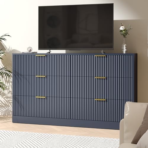 Blue Dresser with 6 Drawer 55" Wide Fluted Dresser for Bedroom丨Modern Chest of Drawer with Metal Handles, Wood TV Stand for Bedroom, Living Room, Entryway, Hallway, Blue - Image 3