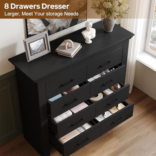 8 Drawer Dresser for Bedroom, Wood Dresser Chests of Drawers with Metal Handle, Double Wide Dressers, Vintage Design Storage Chest Cabinet and Organizer Drawers for Closet, Hallway, Entryway, Black - Image 5