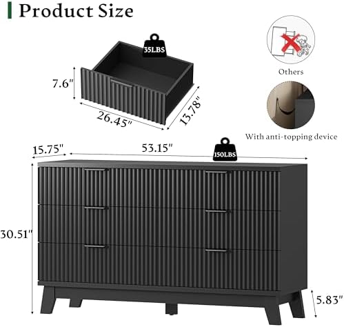 Xixini Fluted Dresser with 6 Drawers, 54" Wide Modern Chest of Drawers with Metal Handle, Wooden Dresser TV Stand, Wood Closet Clothes Storage Organizer for Bedroom, Living Room, Hallway, Solid Black - Image 2